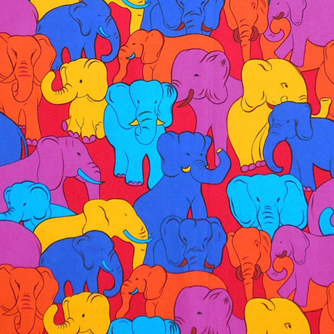 Coloured Elephants on Red Cotton Fabric