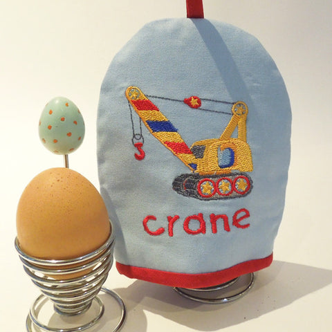Kid's Pale Blue Egg Cosy plus Linen Drawstring Gift Bag, Embroidered Crane Design, Handmade in Pure Cotton