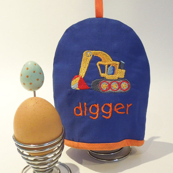 Kid's Blue Egg Cosy plus Linen Drawstring Gift Bag, Embroidered Digger Design, Handmade in Pure Cotton