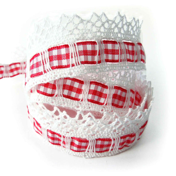 White Cotton Lace with Gingham Ribbon Insert - Red - 30mm