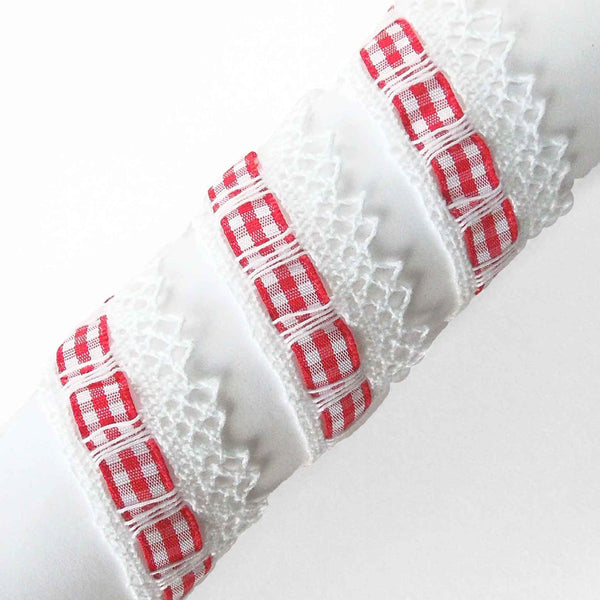White Cotton Lace with Gingham Ribbon Insert - Red - 30mm