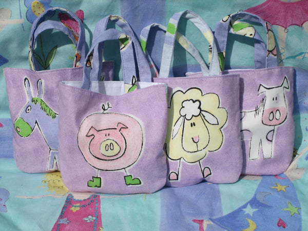 Kid's Daisy the Cow Handbag handmade in lilac animal print cotton and fully lined. Mini Tote Bag, Children's Shopping Bag