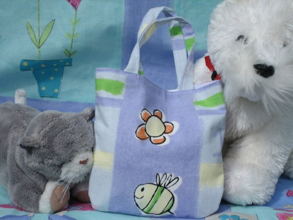 Kid's Daisy the Cow Handbag handmade in lilac animal print cotton and fully lined. Mini Tote Bag, Children's Shopping Bag