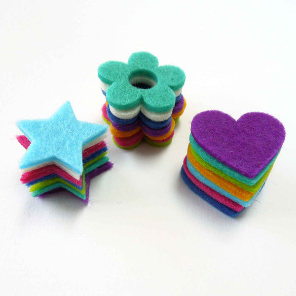 Hearts, Flowers and Stars Coloured Felt Shapes Stick-On - Sew-On