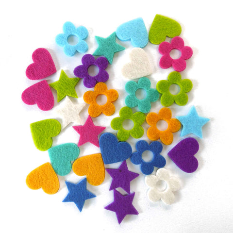 Hearts, Flowers and Stars Coloured Felt Shapes Stick-On - Sew-On