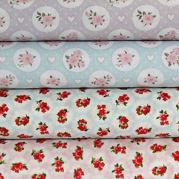 Green Rose and Hearts Cotton Fabric by John Louden