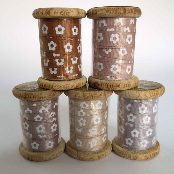 10 mm Taupe Brown Flower Ribbon on Wooden Bobbin