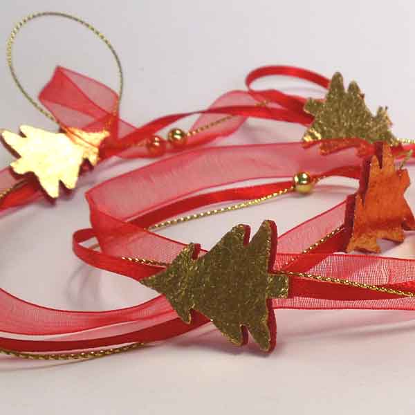 25mm Red and Gold Christmas Tree Organza & Wood Trim on Wooden Spool