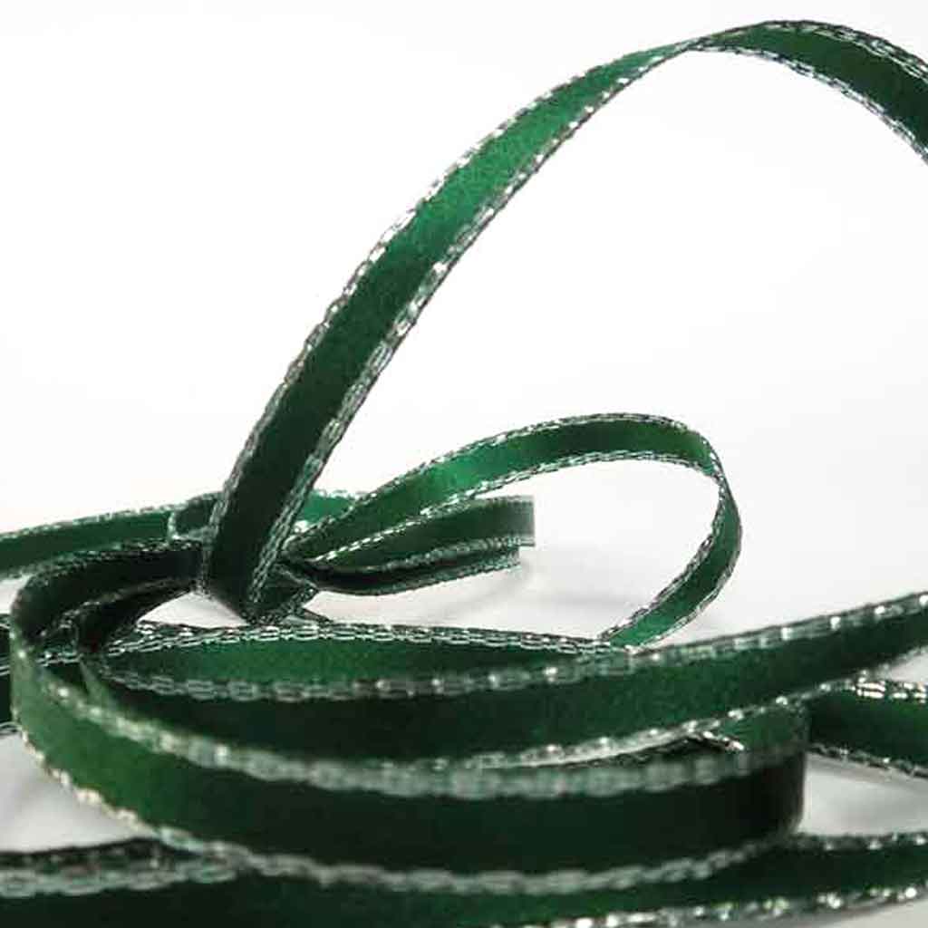 Silver Metallic Edge Satin Ribbon - Hunter Green - Berisfords - 3mm - 15mm