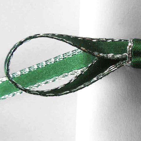 Silver Metallic Edge Satin Ribbon - Hunter Green - Berisfords - 3mm - 15mm
