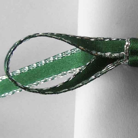 7mm Silver Metallic Edge Satin Ribbon - Hunter Green - Berisfords