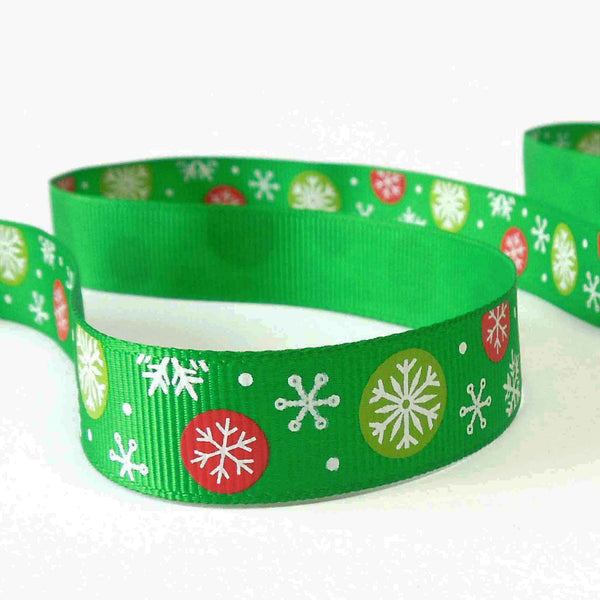 17mm Green Red and White Christmas Snowflake Ribbon