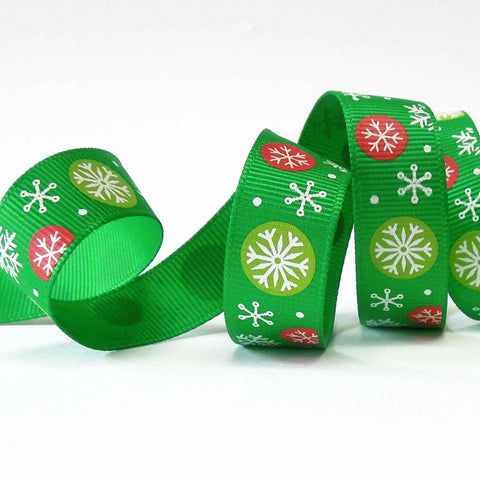 17mm Green Red and White Christmas Snowflake Ribbon
