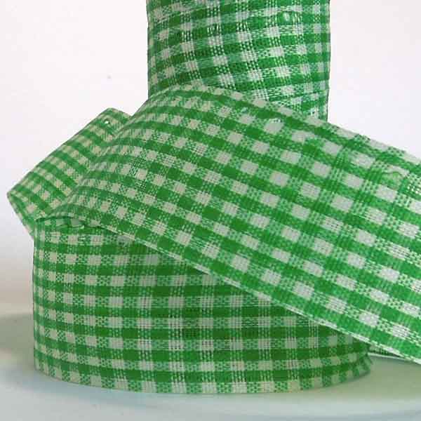 25mm Green Gingham Ribbon on a Wooden Spool - 5 Metres