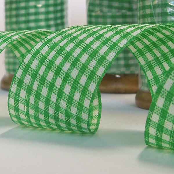 25mm Green Gingham Ribbon on a Wooden Spool - 5 Metres