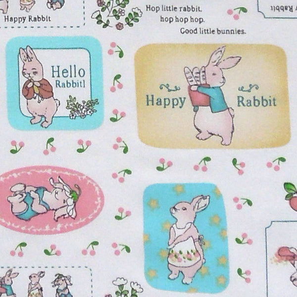 White Nursery Hello Cotton Fabric, Baby Bunny Rabbit Fabric