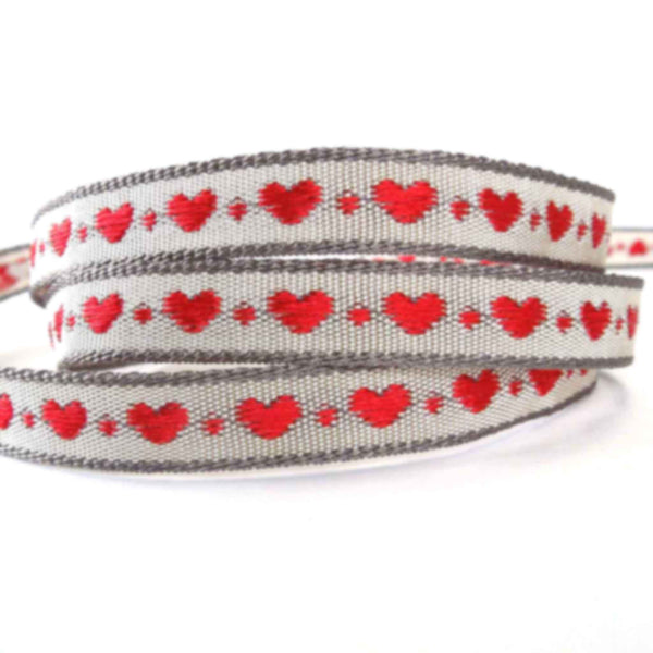 10mm Little Heart Woven Ribbon Red and Grey - Berisfords