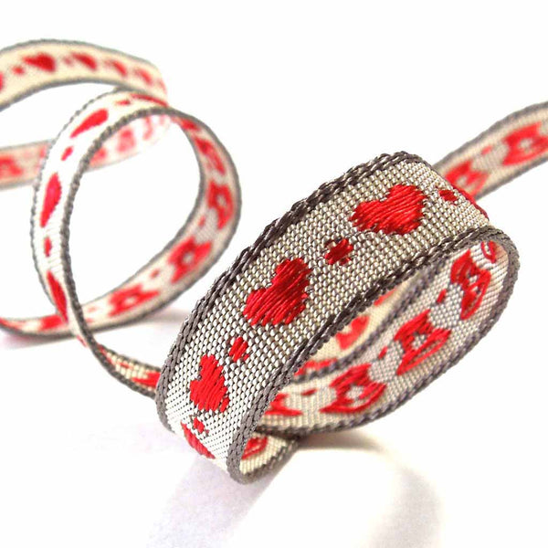 10mm Little Heart Woven Ribbon Red and Grey - Berisfords
