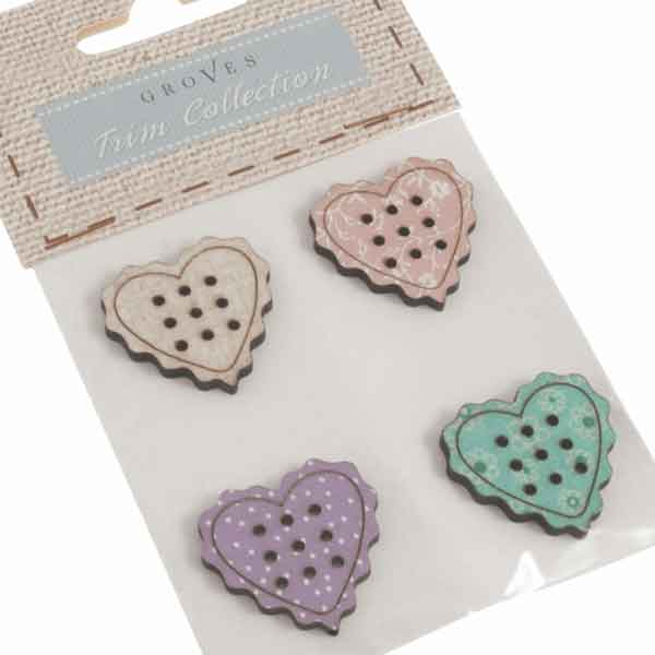 23 mm Love Wooden Buttons, DU4362, Pack of 4 Coloured Large Heart Craft Buttons