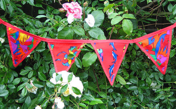 Children's Reversible Bunting, Red Circus, Parrots and Dolphins Bunting Handmade in Pure Cotton