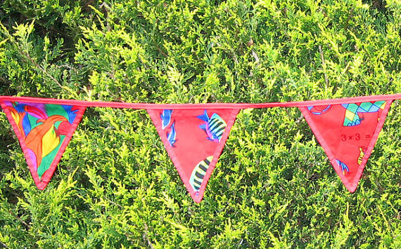 Children's Reversible Bunting, Red Circus, Parrots and Dolphins Bunting Handmade in Pure Cotton