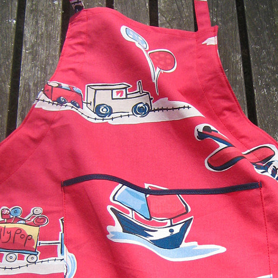 Young Child's Personalised Boys Toys Kids Red Retro Apron, Handmade in Train & Car Pure Cotton, Ages 2 - 6 yrs