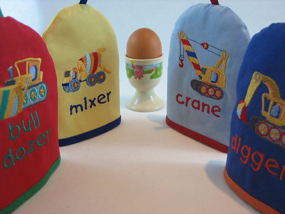 Kid's Yellow Egg Cosy plus Linen Drawstring Gift Bag, Embroidered Cement Mixer Design, Handmade in Pure Cotton
