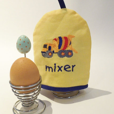 Kid's Yellow Egg Cosy plus Linen Drawstring Gift Bag, Embroidered Cement Mixer Design, Handmade in Pure Cotton