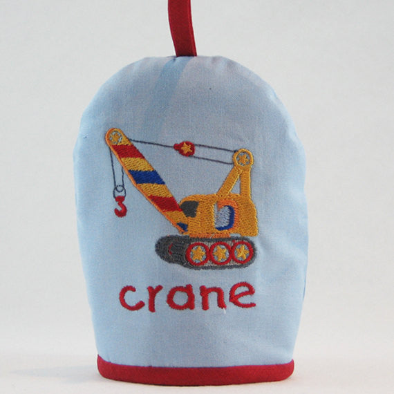 Kid's Pale Blue Egg Cosy plus Linen Drawstring Gift Bag, Embroidered Crane Design, Handmade in Pure Cotton