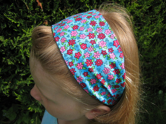 Turquoise Pink Daisies Scrunchie, Hairband and Bandana in Organza Gift Bag