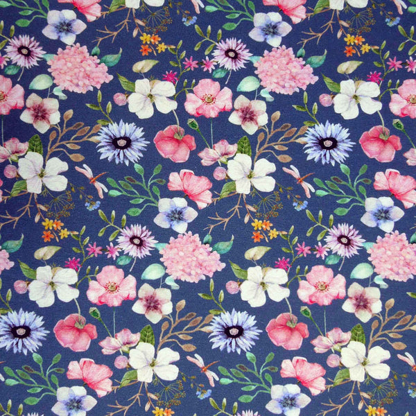 Flowers and Poppies - Denim Blue - Cotton Jersey - OEKO-TEX