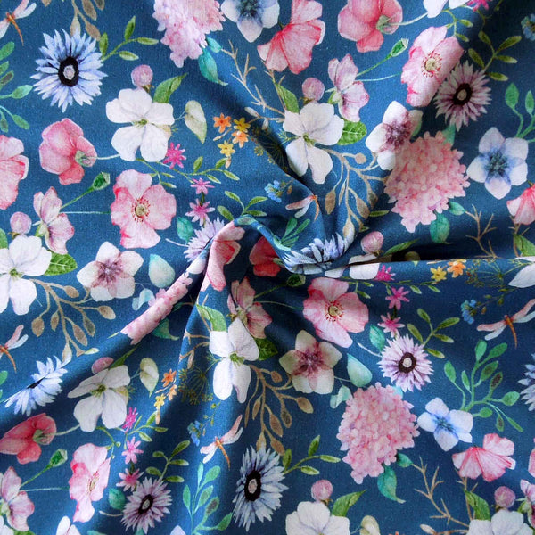 Flowers and Poppies - Denim Blue - Cotton Jersey - OEKO-TEX