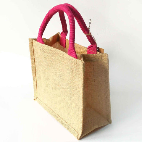 Natural Jute Bags - Coloured Handles - Pink