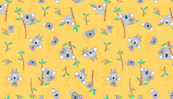 Koalas on Yellow Cotton Fabric by Makower 1629 from their Flo's Friends Collection