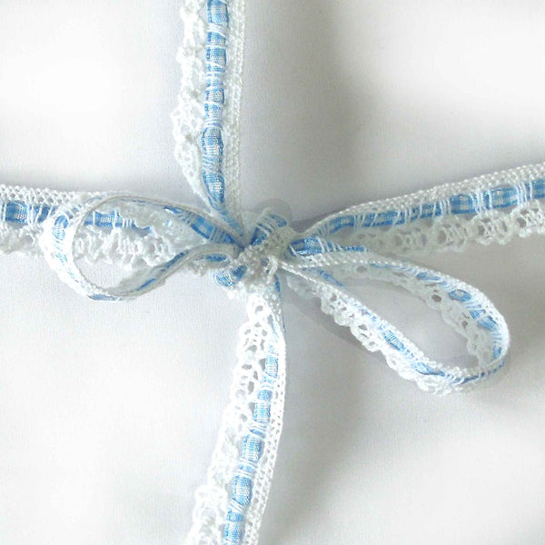 15mm White Cotton Lace with Gingham Ribbon Insert - Pale Blue