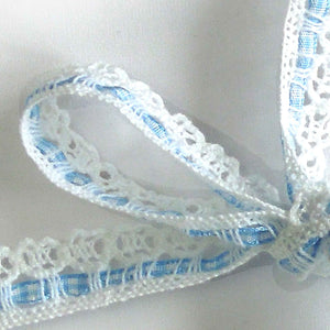 15mm White Cotton Lace with Gingham Ribbon Insert - Pale Blue