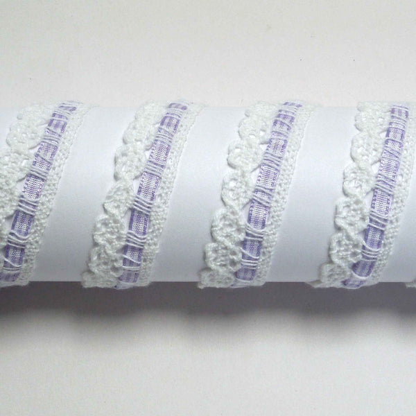 15mm White Cotton Lace with Gingham Ribbon Insert - Lilac