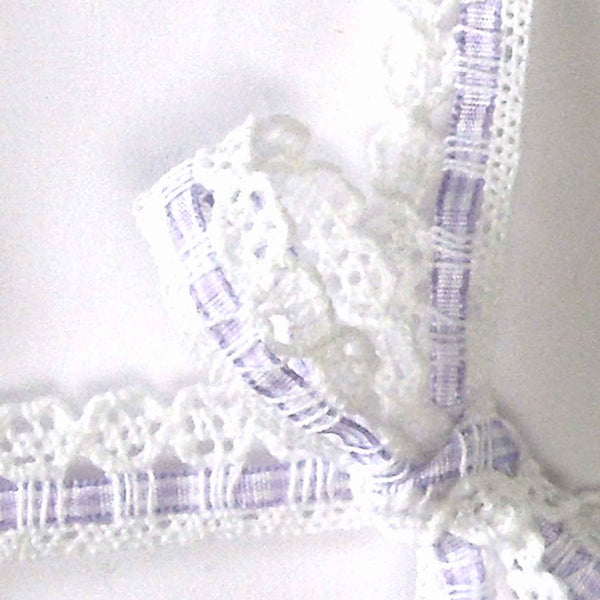 15mm White Cotton Lace with Gingham Ribbon Insert - Lilac