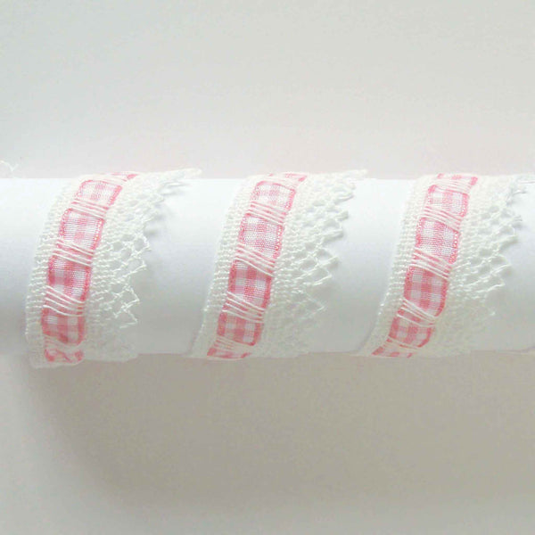 30mm White Cotton Lace with Gingham Ribbon Insert - Pale Pink
