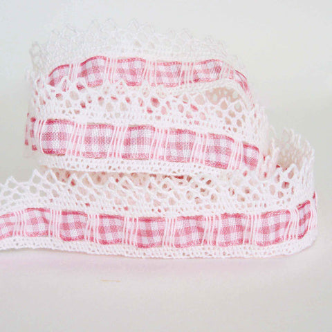 30mm White Cotton Lace with Gingham Ribbon Insert - Pale Pink