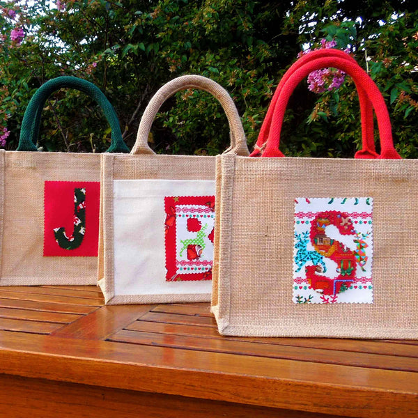 Christmas Jute Bag Personalised Design Your Own - Red Handles