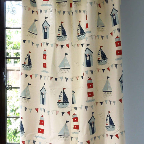 Blue Maritime Cotton Furnishing Fabric, Beach Huts, Dinghies and Lighthouse Seaside Fabric