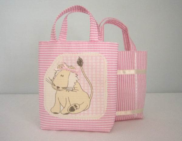 Kid's Lion Bucket Tote handmade in pink cotton gingham and fully lined. Children's Animal Applique Shopping Bag
