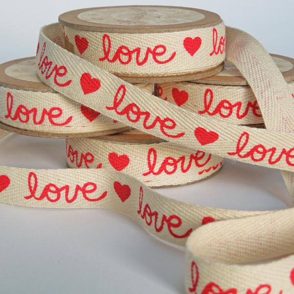 15mm Red Love and Hearts Cotton Ribbon