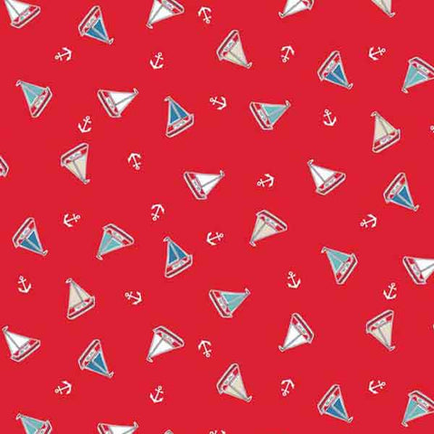 Tossed Yachts Cotton Fabric Red Makower 1773/R - Marina Collection