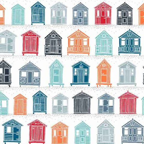 Coloured Beach Huts on White Cotton Fabric by Makower 1770/1, Marina Collection
