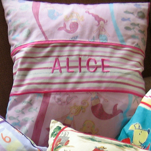 Kid's Mermaid Personalised Cushion, Child's Cushion Handmade in Pink Cotton, inch 21 inch, x 53 cm