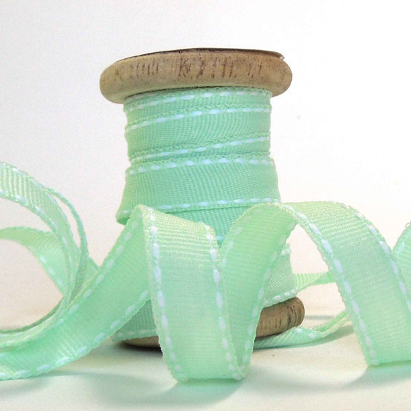 10mm Mint Green Stitched Ribbon on Wooden Bobbin - 3 metres