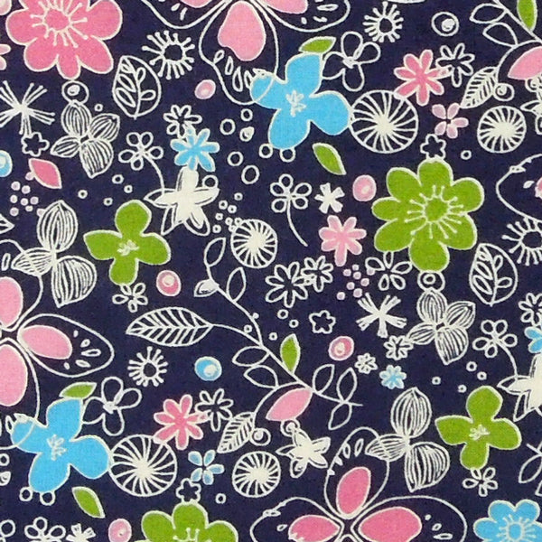 Dark Flower Fabric, Pure Cotton Fabric with Pink, Light Blue and Green Flowers