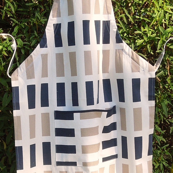 Adult Blue Rectangles Personalised Apron with Pocket, Handmade in Cotton